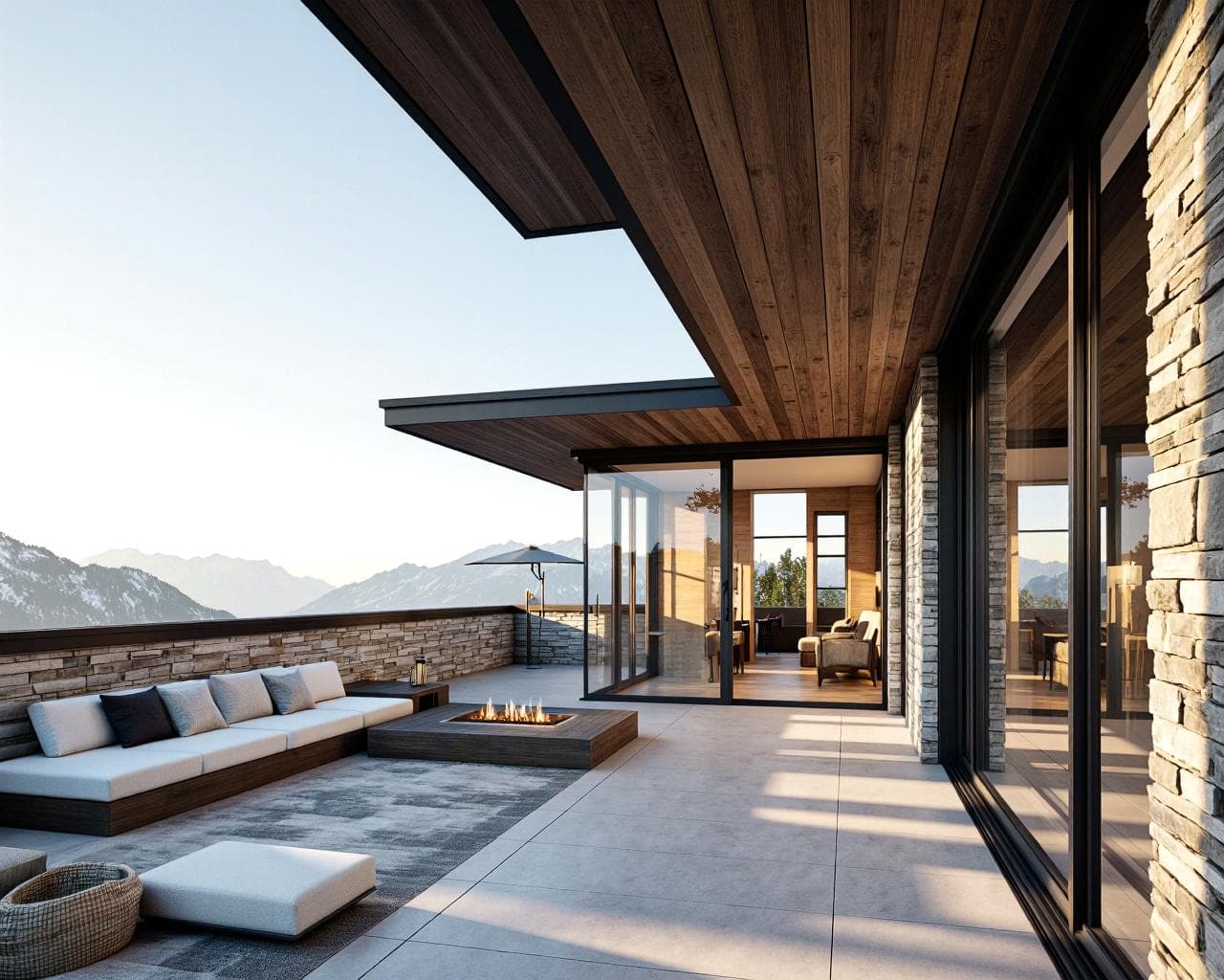 Moderne alpine Penthouse-Terrasse mit Glasfronten, Naturstein und Bergpanorama