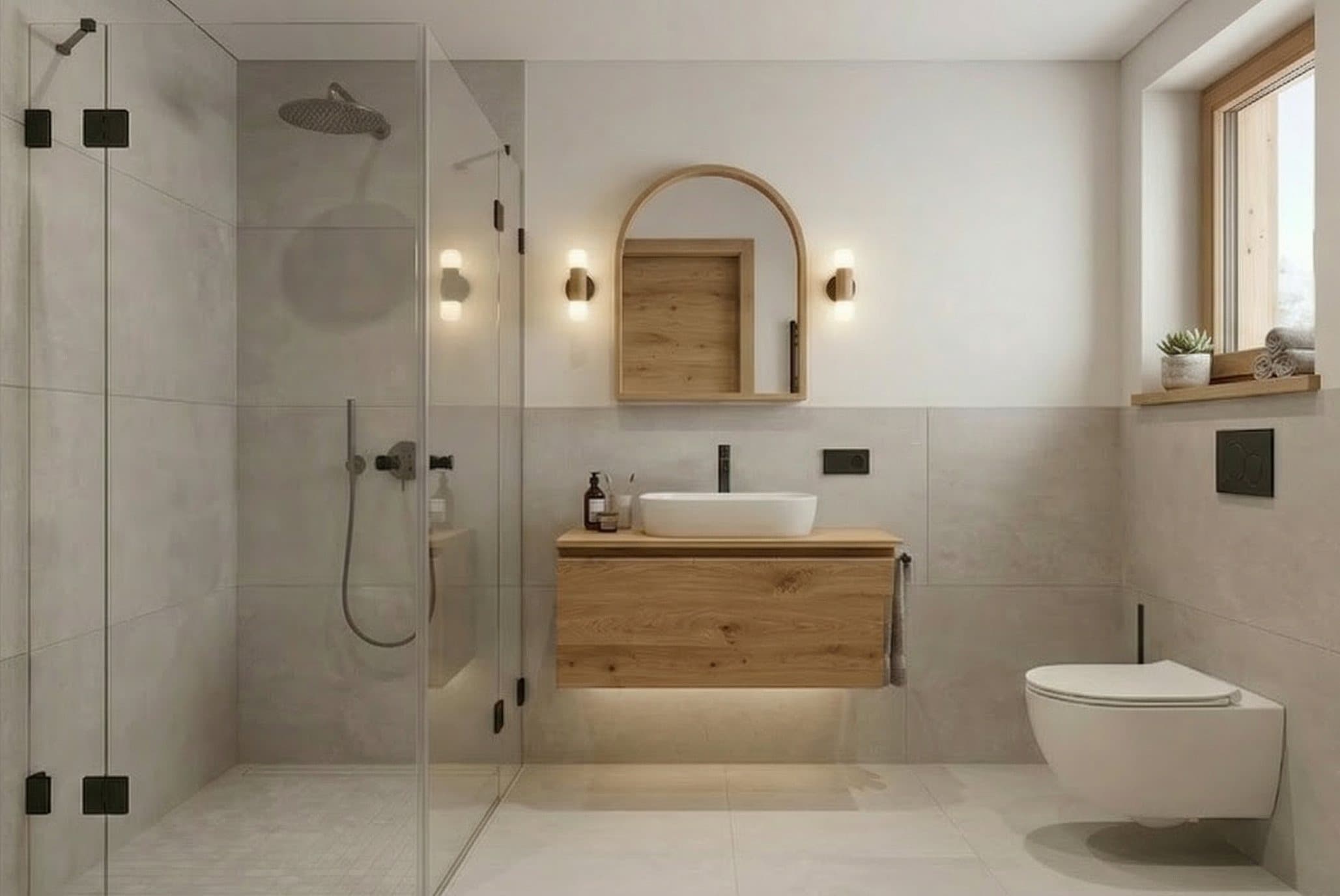 Innenvisualisierung eines Badezimmers mit Holz und Stein